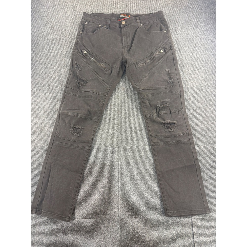 Copper Rivet Mens Moto Biker Jeans Black Distress Zipper Pockets Slim Fit 38x32